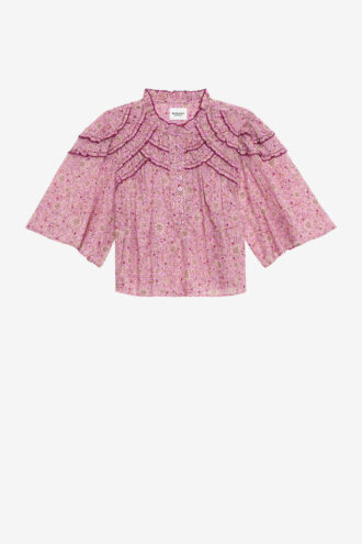 Carmen top van katoenen voile met print en plooien