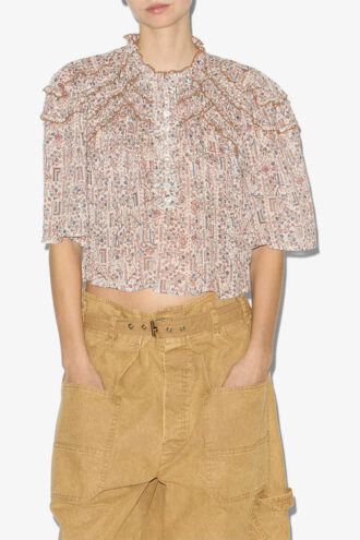 Carmen top van katoenen voile met print en plooien