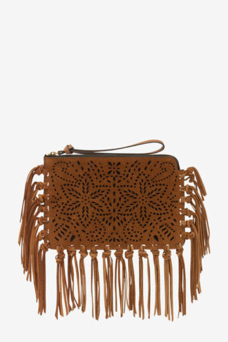 Platte leren clutch met franjes