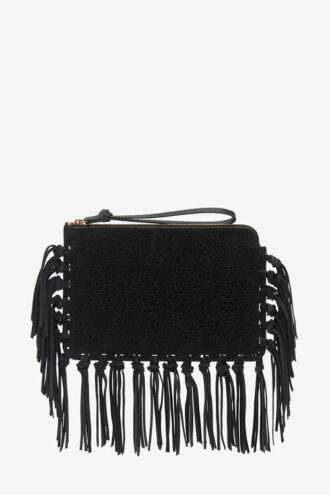 Platte leren clutch met franjes