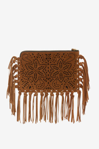 Platte leren clutch met franjes