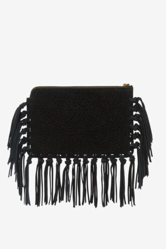 Platte leren clutch met franjes